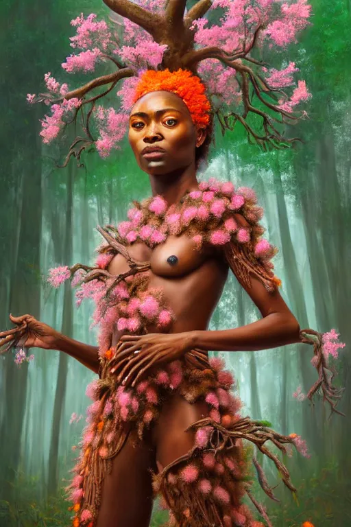 Prompt: hyperrealistic post - renaissance cinematic super expressive! yoruba goddess with exoskeleton armor, merging with tree in a forest, pink orange flowers, highly detailed digital art masterpiece, smooth cam de leon eric zener dramatic pearlescent soft teal light, ground angle hd 8 k, sharp focus