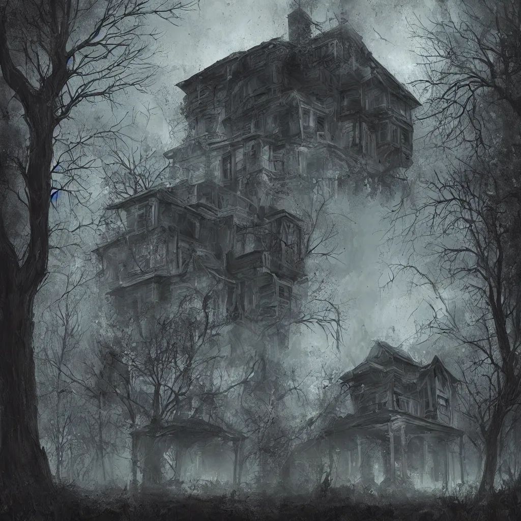 Prompt: a digital painting of a haunted house, abandoned, dilapidated, at night, forest, trending on artstation, digital art