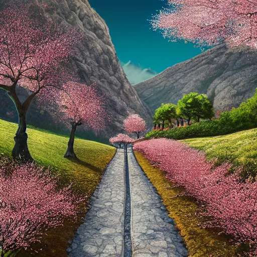 Prompt: stone path through a cherry blossom filled valley leading to a monastery, matte painting, adult swim