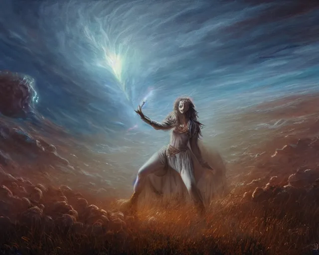 Image similar to sorceress casting powerful meteor spell in the plains. highly detailed painting by seb mckinnon 8 k