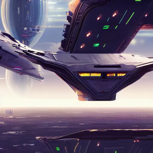Prompt: a capital spaceship flying over a spaceport, trending on Artstation, 8k, high detail, digital art, cyberpunk