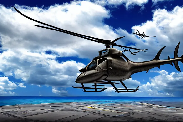 Prompt: a shark helicopter on the landing pad, hyper detailed, clouds, photograph, imax