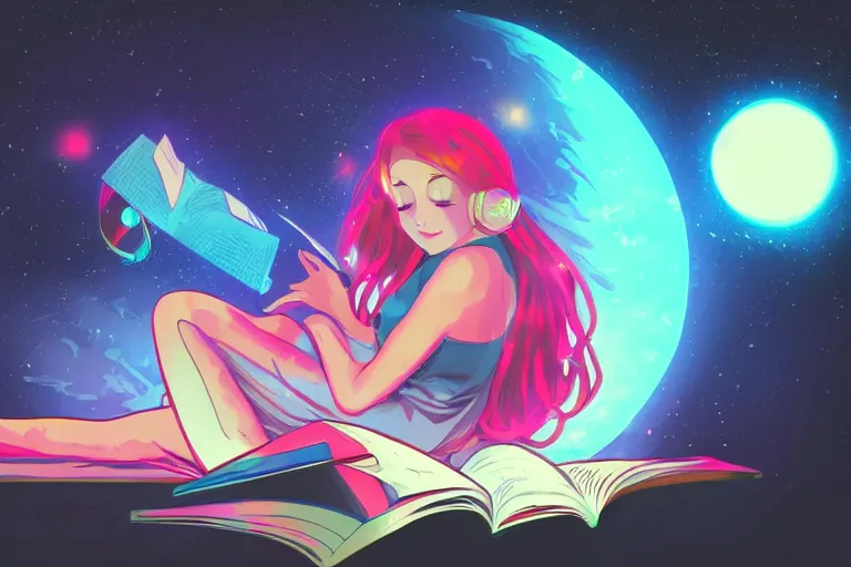 Image similar to a beautiful girl reading a book in space, lofi, anime, digital art, neon, synthwave,