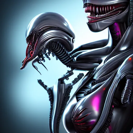 Image similar to futuristic cyberpunk alien xenomorh queen robot concept, highly detailed, photorealistic portrait, bright studio setting, studio lighting, crisp quality and light reflections, unreal engine 5 quality render