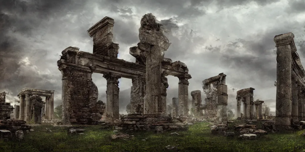 Prompt: ancient ruins, fantasy apocalypse, dystopian, digital art, 4 k