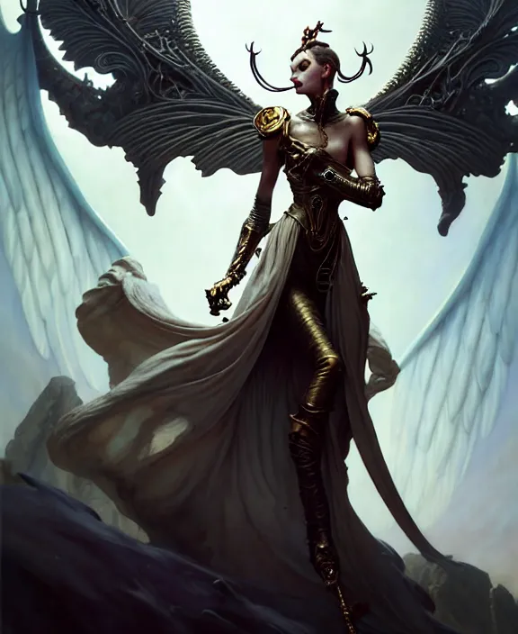 Image similar to beautiful fantasy character portrait, ana de armas, ultra realistic, wide angle, intricate details, the fifth element artifacts, highly detailed by peter mohrbacher, hajime sorayama, wayne barlowe, boris vallejo, paolo eleuteri serpieri, dishonored 2, white gown, angel wings