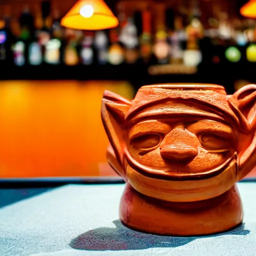 Image similar to a closeup photorealistic photograph of an orange cat garfield style tiki mug sitting at a trader vic's bar with garfield's face on the front. tiki party. bright scene. fine detail. this 4 k hd image is trending on artstation, featured on behance, well - rendered, extra crisp, features intricate detail, epic composition and the style of unreal engine.