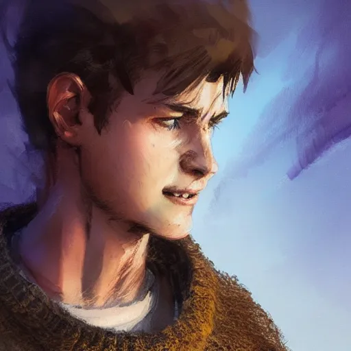 Image similar to portrait of a very masculine teenage girl with blue eyes and brown hair, short men's haircut, smiling, wearing an oversized sweater, dramatic lighting, illustration by Greg rutkowski, yoji shinkawa, 4k, digital art, concept art, trending on artstation