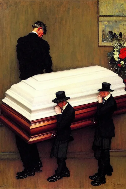 Prompt: a sad man mourning over a casket by sydney prior hall and alfred stevens and sherree valentine daines and norman rockwell, casket, highly detailed, deep shadows, accurate face, hyperrealism