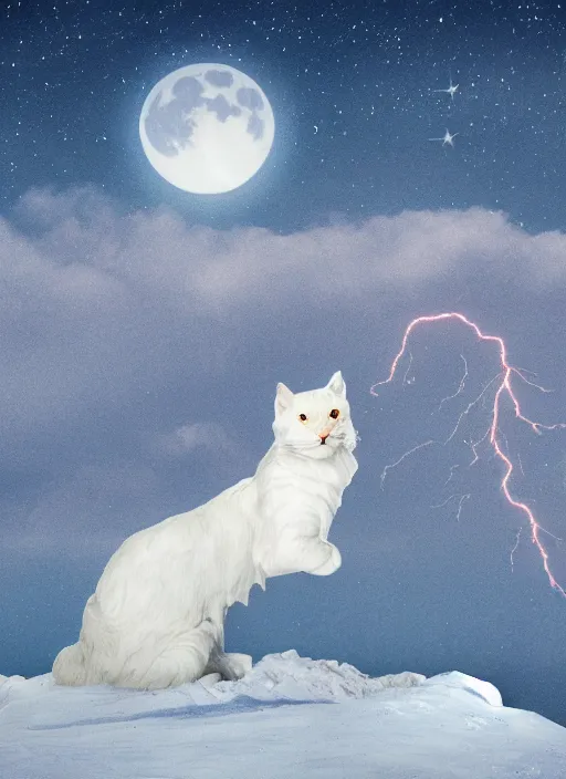 Prompt: giant white cat on a snowy mountain with lightning coming out of its paws, blue sky background with moon