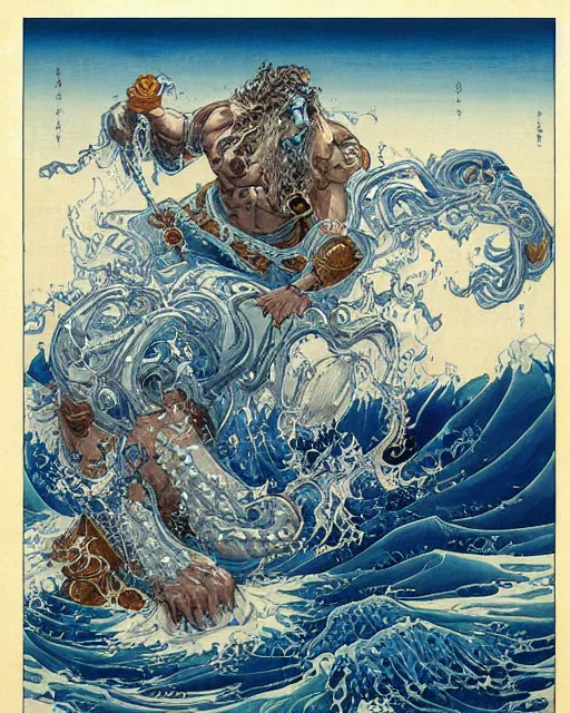 Image similar to royal king of the ocean poseidon world of warcraft god by hokusai and james gurney