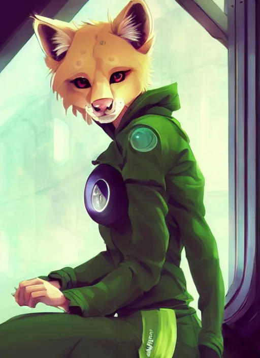 Image similar to beautiful portrait commission of a cute female furry anthro Canadian Lynx fursona casual clothes in a futuristic mechanical laboratory. blonde hair. Green Eyes. character design by charlie bowater, ross tran, artgerm, and makoto shinkai, detailed, inked, western comic book art