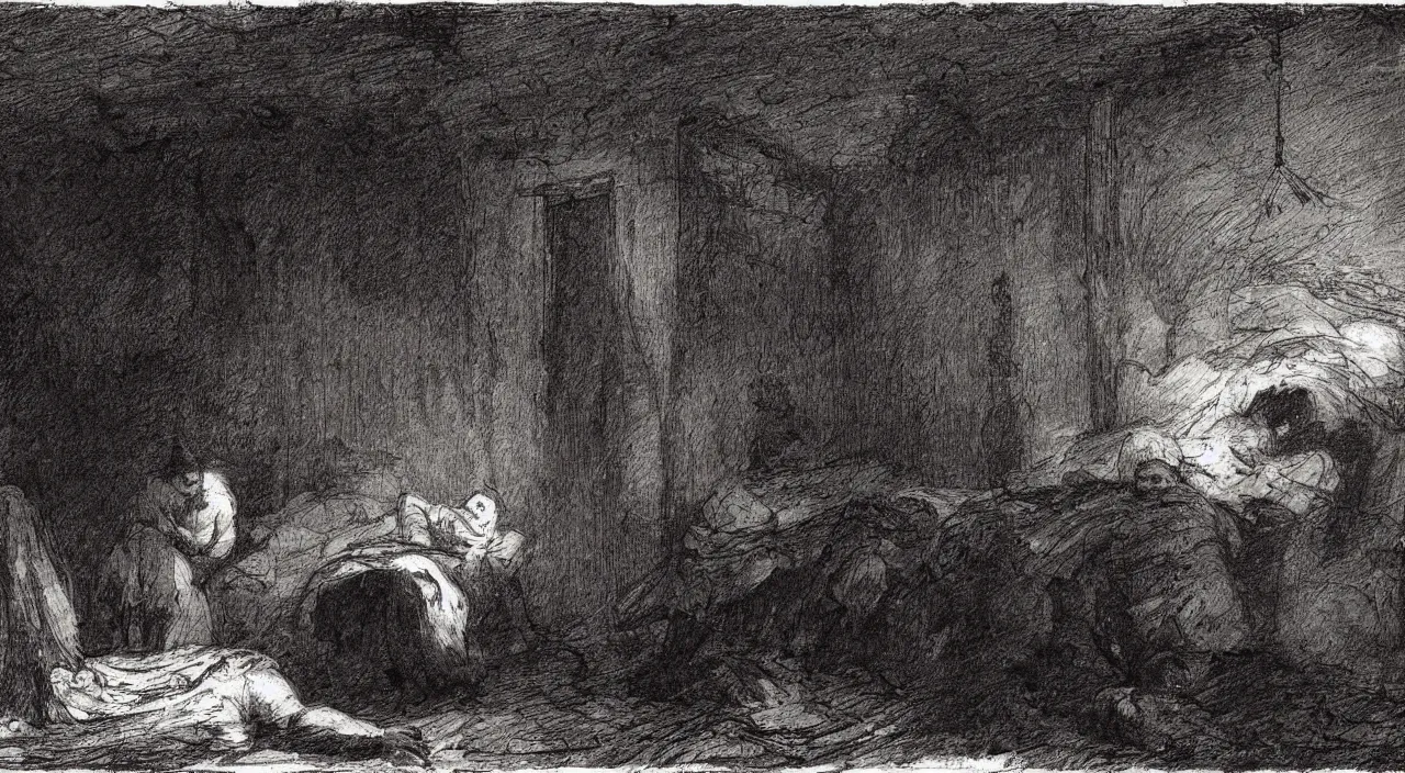 Prompt: a scary room in an abandoned hotel positioned in an old dark forest, night, scary, creepy, by Francisco de Goya