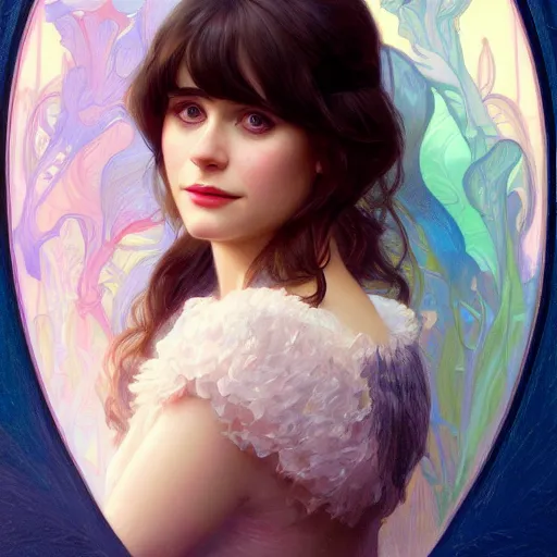 Image similar to portrait of Zooey Deschanel, fantasy, intricate, elegant, highly detailed, digital painting, artstation, concept art, smooth, sharp focus, illustration, art by Artgerm and Greg Rutkowski and Alphonse Mucha