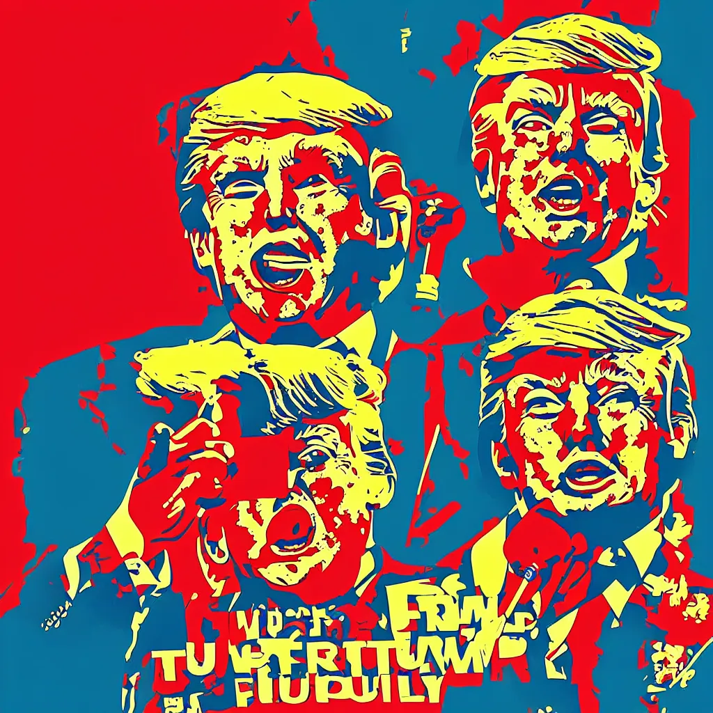 Prompt: donald trump retro futurist illustration art by butcher billy, sticker, colorful, illustration, highly detailed, simple, smooth and clean vector curves, no jagged lines, vector art, smooth andy warhol style