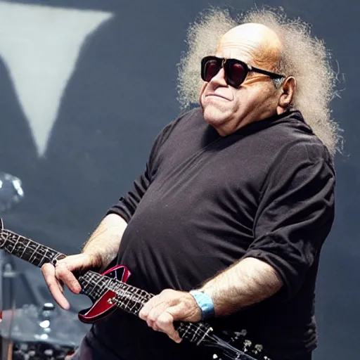 Prompt: Danny DeVito in a death metal band shredding the guitar