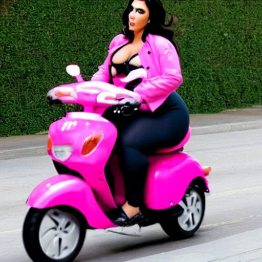 Prompt: a paparazzi photo of extremely obese Kim Kardashian riding a pink moped, her mouth is wide open, award winning