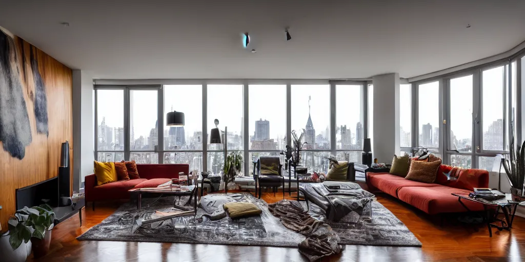 Prompt: Extremely detailed wide angle photograph, atmospheric, reflections, award winning contemporary modern interior design city apartment, living room, cozy and calm, fabrics and textiles, colorful accents, brass and copper, many light sources, lamps, oiled hardwood floors, book shelves, couch, desk, plants