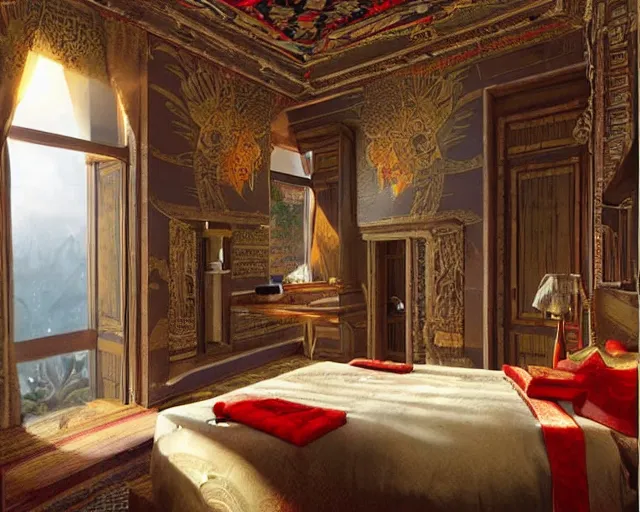 Prompt: a luxury hotel! suite room in the style of precolombian aztec!, art by greg rutkowski and artgerma, stunning! concept art, interior! design