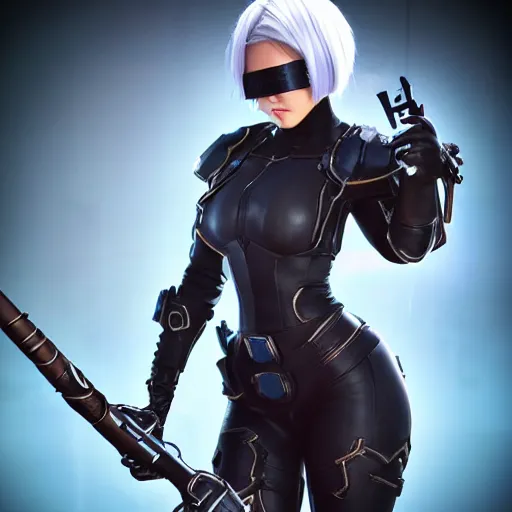 Prompt: full body shot of 2B with a blindfold as a Starcraft 2 commander, highly-detailed