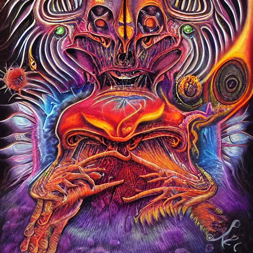 Image similar to the second layer of hell, airbrush art, shamanic dmt horror art, by basuki abdullah