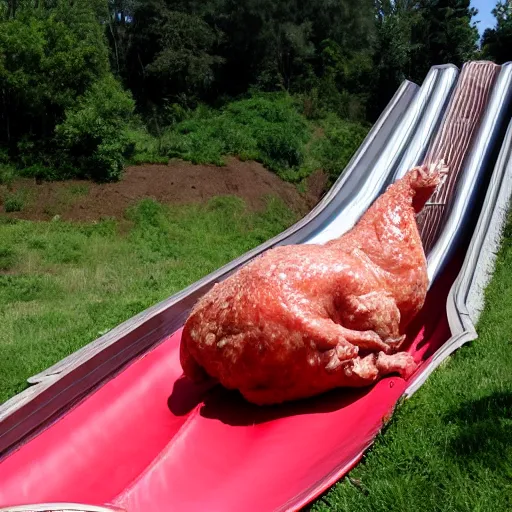 Prompt: the world\'s largest raw chicken going down a slip \'n\' slide