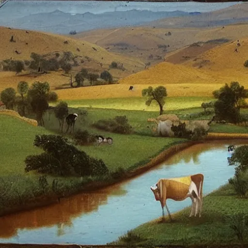 Image similar to landscape, river made of karak, with cows grazing