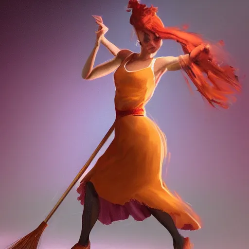 Prompt: a woman dancing with a broom, fantasy, trending on artstation