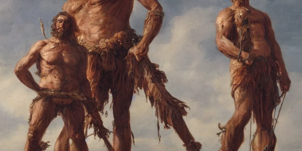 Image similar to high quality high detail painting, dead giant goliath, david standing next to the body