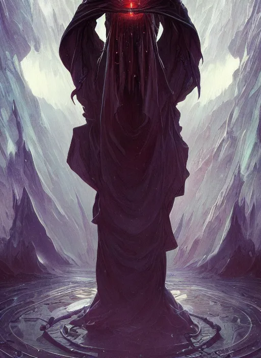 Image similar to dark hooded wraith, standing in front of hyper dimension portal into another realm, epic surrealism 8k oil painting, DeviantArt, concept art, smooth, sharp focus, illustration, fine art by artgerm, greg rutkowski, alphonse mucha