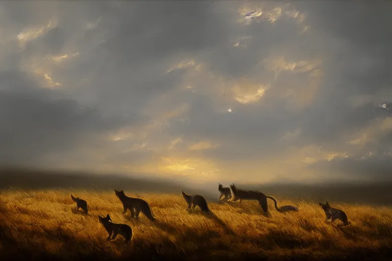 Image similar to a field moorland with a group of cats travelling, trending on artstation, by wayne mcloughlin, backlighting