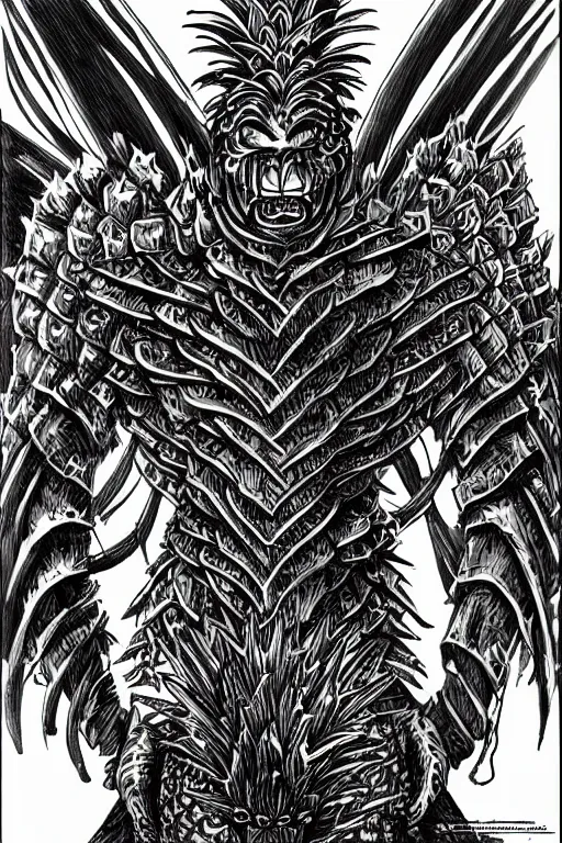 Image similar to pineapple humanoid figure monster wearing pineapple themed armour, symmetrical, highly detailed, digital art, sharp focus, trending on art station, kentaro miura manga art style