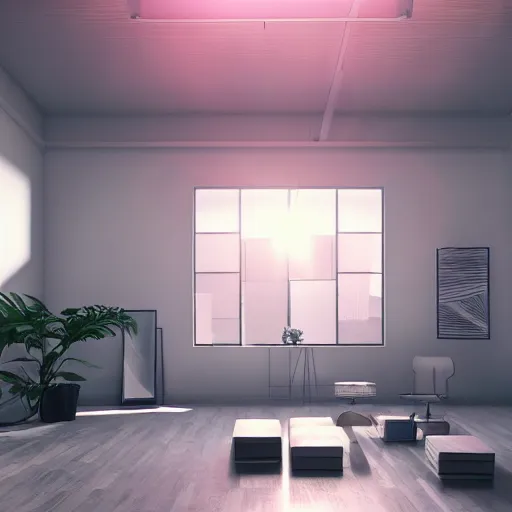 Image similar to a white empty pink office with sun rays looming down, with a pool inside, dynamic lighting, photorealistic concept art, trending on art station, stunning visuals, creative, cinematic, ultra detailed, ray tracing