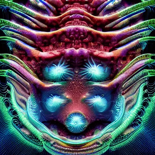 Prompt: Face of an Alien Deity, centered, corals, plume made of geometry, extremely detailed digital painting, sharp focus in the style of android jones, artwork of a futuristic artificial intelligence superstar with frames made of detailed circuitry , mystical colors, rim light, beautiful lighting, 8k, stunning scene, raytracing, octane, under water visual distortion, dark tones colors, trending on artstation