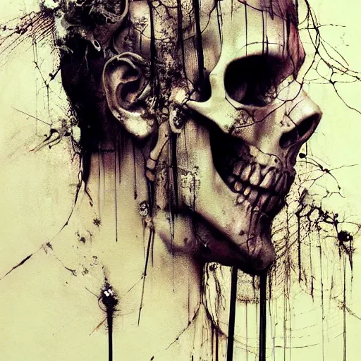 Image similar to skulls wires skin cyberpunk by emil melmoth zdzislaw belsinki craig mullins yoji shinkawa realistic render ominous detailed photo atmospheric by jeremy mann francis bacon and agnes cecile ink drips paint smears digital glitches glitchart