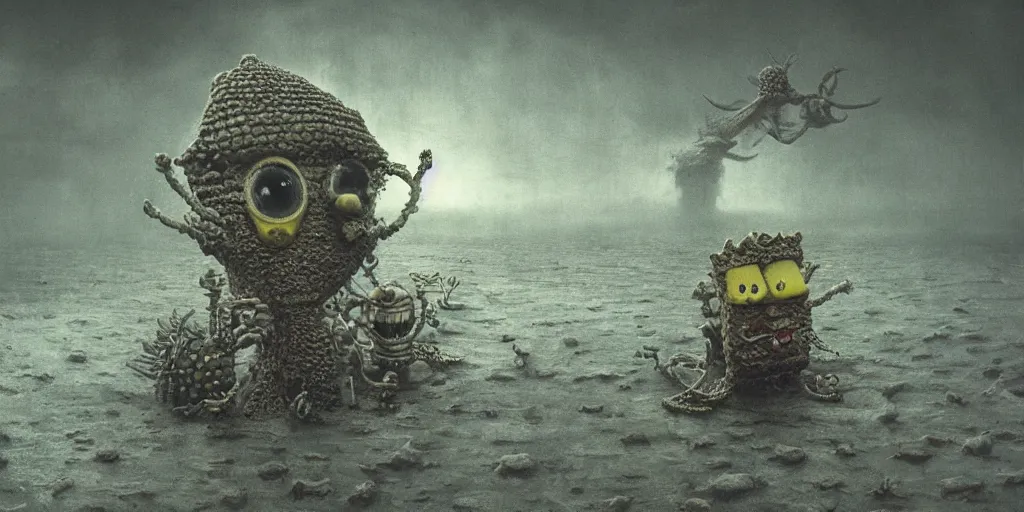 Image similar to spongebob drawn by beksinski, realistic 4 k octane beautifully detailed render, 4 k post - processing, highly detailed, intricate complexity, epic composition, magical atmosphere, cinematic lighting, masterpiece, ultra hd