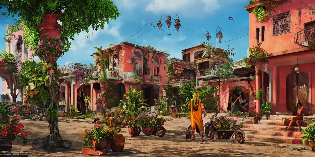 Image similar to An epic fantastic realism comic book style painting of the mexican colonial town environment with beautiful houses, exquisite bouquets from an happy culture, fisheye, unreal 5, DAZ, hyperrealistic, octane render, dynamic lighting