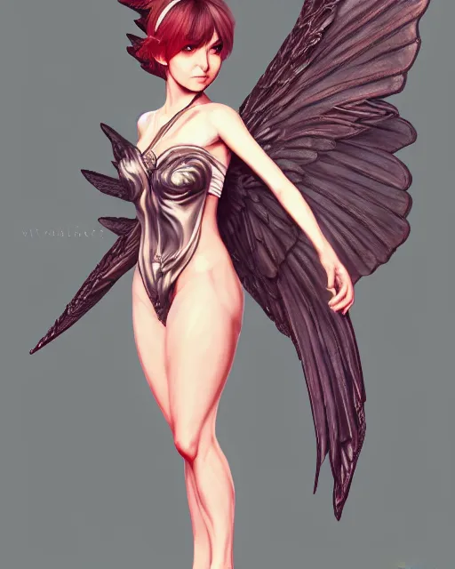 Image similar to 3 / 4 view of woman with wings, confident pose, pixie character, video game genshin impact, intricate, elegant, sharp focus, illustration, highly detailed, concept art, matte, cell shaded anime, trending on artstation