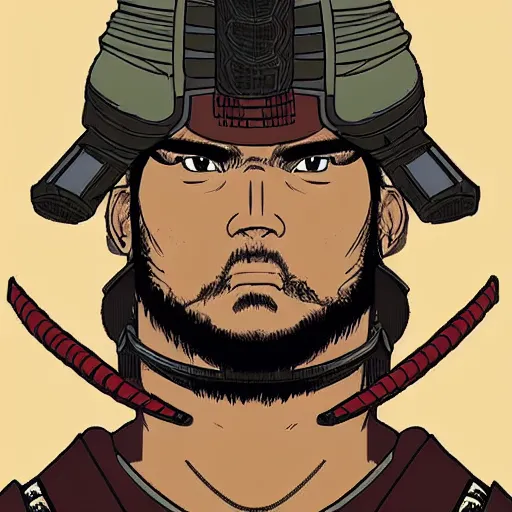 Prompt: a powerful japanese samurai wearing war gear, detailed face, highly detailed, face symmetry, character concept portrait by moebius and laurie greasley, colorful, profile picture, 8 k, cinematic color grading