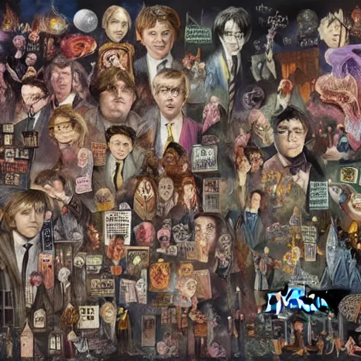 Prompt: Harry Potter and the Multiverse of Madness, surrealist, pop-culture, concept art by Famous Person