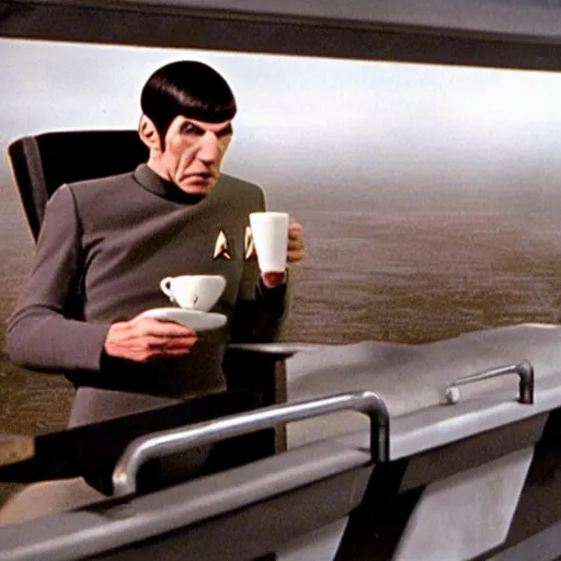 Image similar to mr spock drinking coffee on the bridge of the enterprise, cinematic, movie still