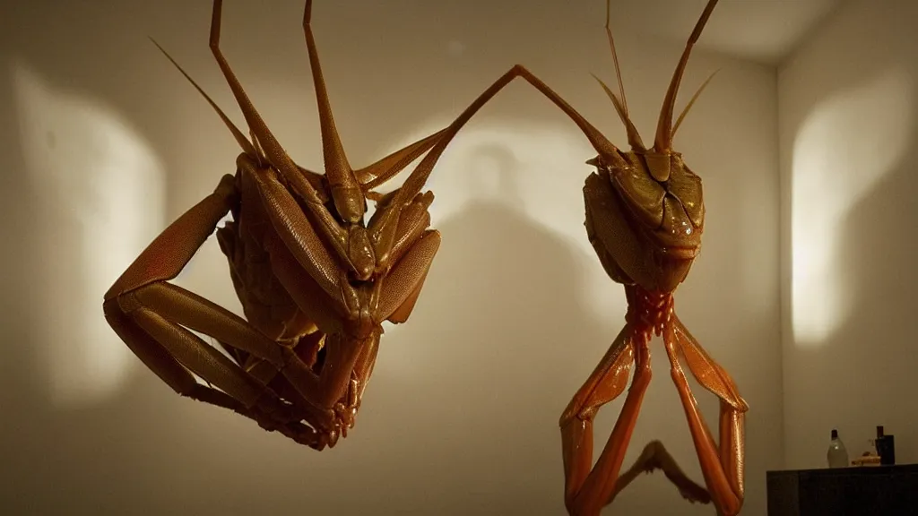 Image similar to the giant praying mantis head in the living room made of wax and water, film still from the movie directed by Denis Villeneuve with art direction by Salvador Dalí, wide lens