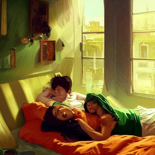 Image similar to guinness bottles and young man in orange shirt and a girl in green shirt sleeping in bed, highly detailed, digital painting, artstation, concept art, smooth, sharp focus, illustration, art by artgerm and greg rutkowski and alphonse mucha