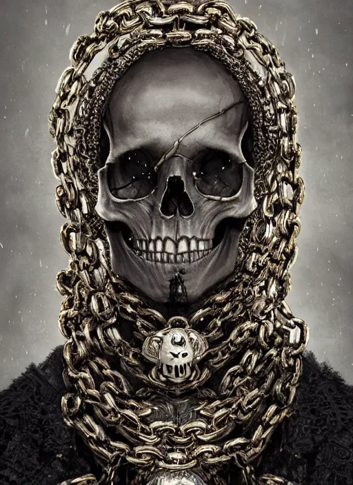 Image similar to A fancy portrait of a skull wrapped in chains by Greg Rutkowski, Sung Choi, Mitchell Mohrhauser, Maciej Kuciara, Johnson Ting, Maxim Verehin, Peter Konig, Bloodborne, 8k photorealistic, cinematic lighting, HD, high details, dramatic, atmospheric , trending on artstation