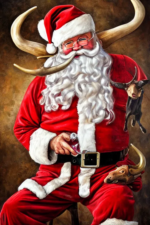 Prompt: Redneck Santa with flying Longhorns, oil on canvas, intricate, portrait, 8k highly professionally detailed, HDR, CGsociety