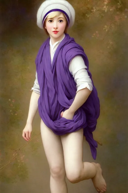 Image similar to Full View girl with short blond hair wearing an oversized purple Beret, Baggy Purple overall shorts, Short Puffy pants made of silk, silk shoes, a big billowy scarf, Golden Ribbon, and white leggings Covered in stars. Short Hair. masterpiece 4k digital illustration by Ruan Jia and Mandy Jurgens and Artgerm and william-adolphe bouguereau, award winning, Artstation, art nouveau aesthetic, Alphonse Mucha background, intricate details, realistic, panoramic view, Hyperdetailed, 8k resolution, intricate art nouveau