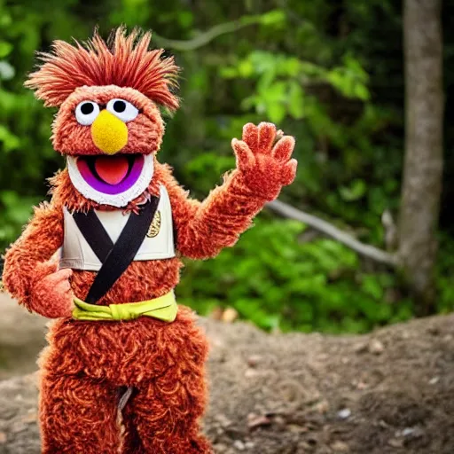 Image similar to a fluffy muppet in the shape of elmo woth brown fur and with rabbit ears wearing a karate uniform out in nature, photography, photorealistic, muppet, national geohraphic