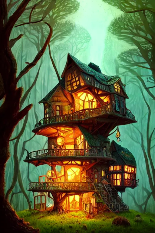 Prompt: a storybook illustration of a ramshackle multistory fairytale hut in the forest, intricate, elegant, fantasy, highly detailed, digital painting, concept art, sharp focus, artstation, in the style of a Wes Anderson movie