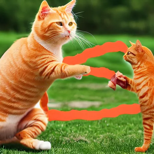 Image similar to orange tabby cat fighting an anthropomorphic bacon strip, realistic