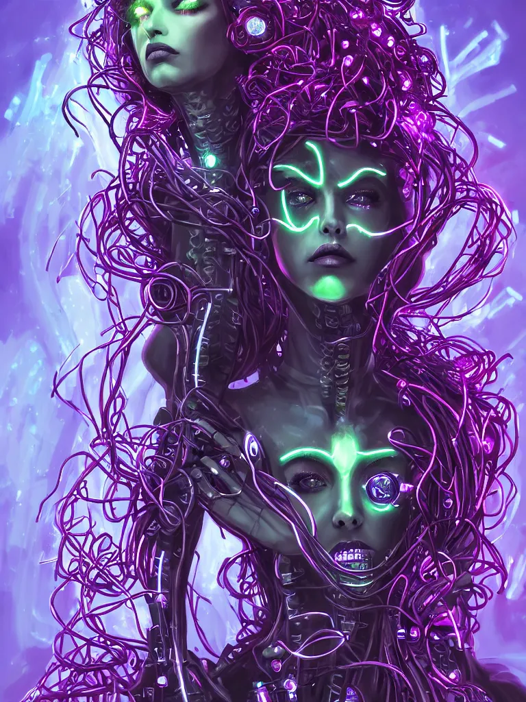 Prompt: half covered body portrait of a beautiful cyber witch medusa, dynamic pose, background machine,, keys unlocking prison, in a cyberpunk garden, mystic unity, becoming one with the machine overlord, elegant pose, body covers with neon crystals, detailed sketch drawing, concept art, star wars